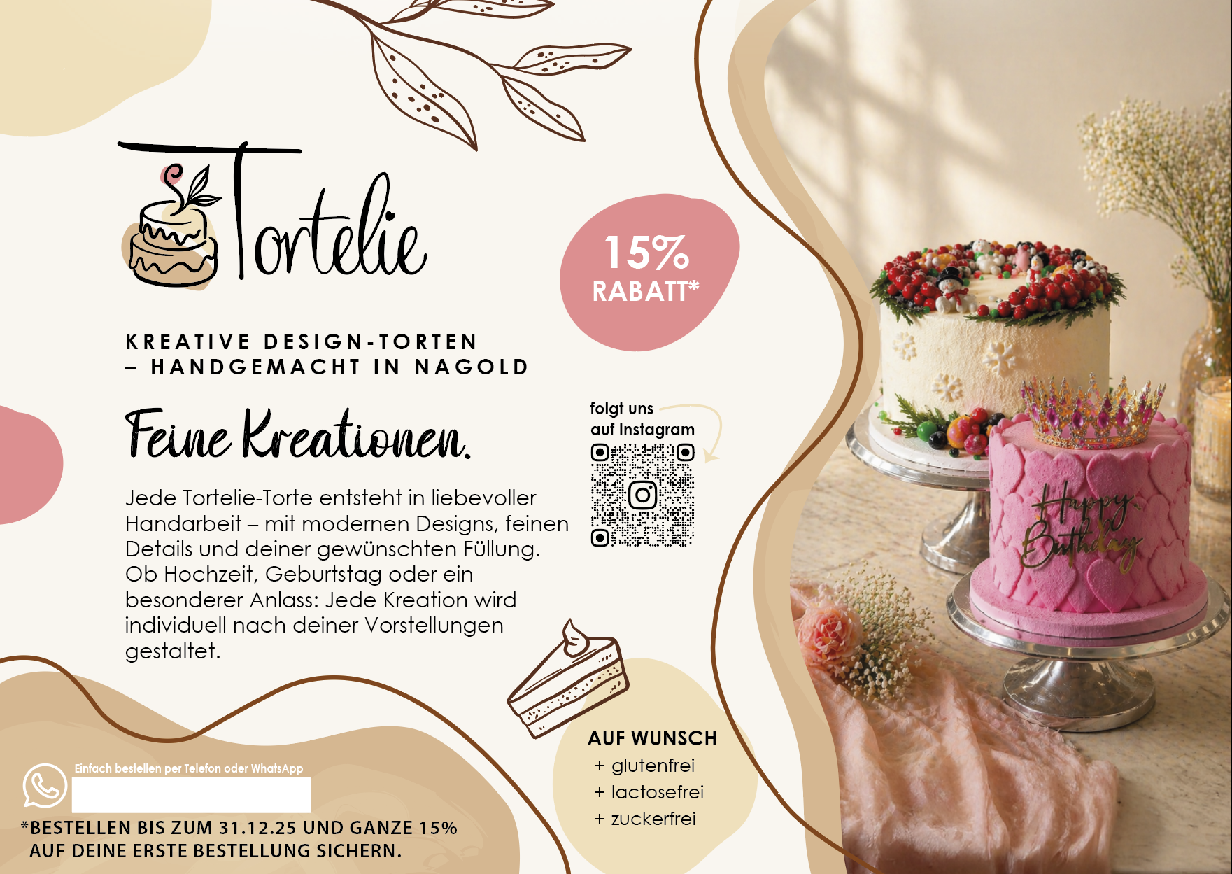 Aktionsflyer von Tortelie mit pastelfarben, Torten Bildern und passender Schrift.